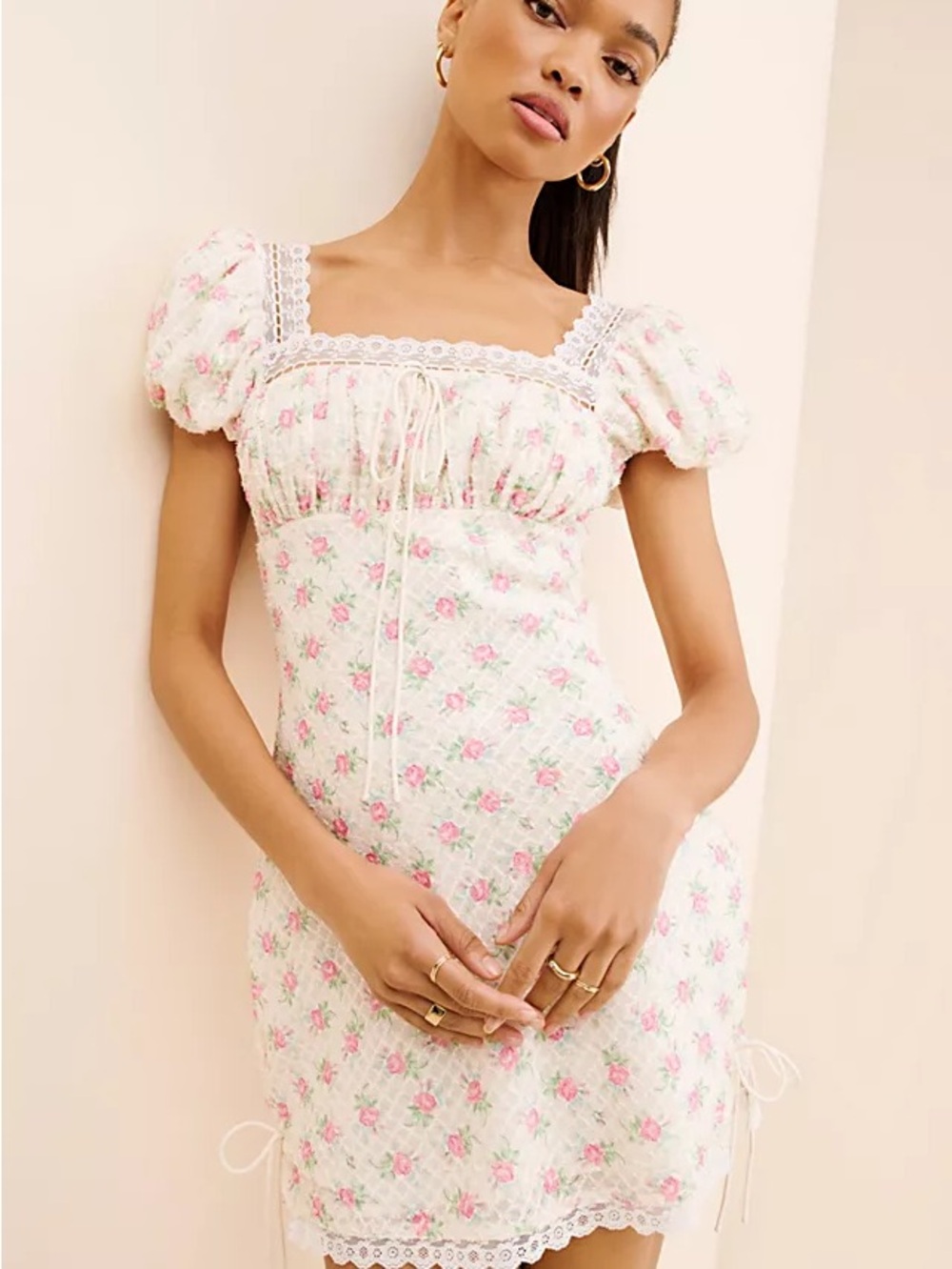 For Love and Lemons Floral Puff-Sleeve Lace-Trim Mini Dress - White & Pink